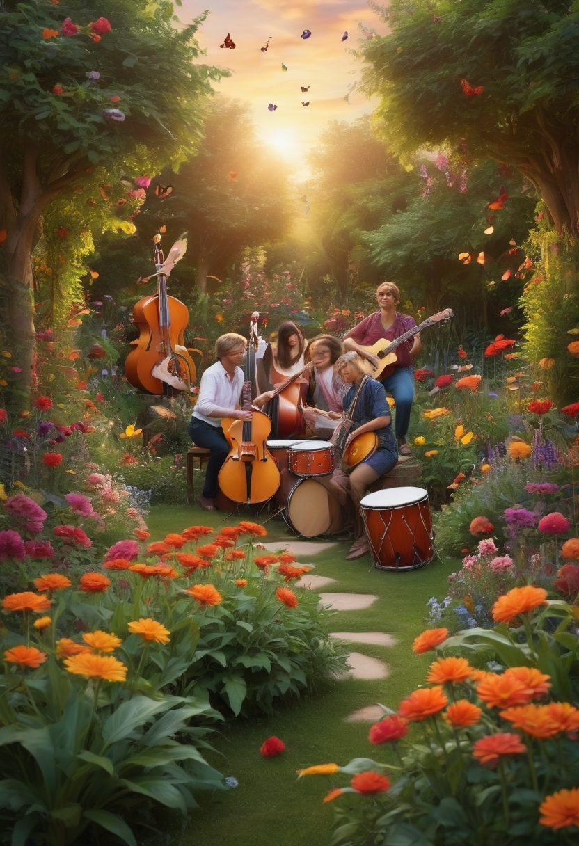 A vibrant scene depicting a diverse group of people joyfully gathered in a lush garden, surrounded by colorful musical instruments like drums and guitars. Soft waves of sound visually emanate from the instruments, symbolizing sonic harmony. Flowers bloom in rhythm with the music in an enchanting sunset backdrop. Whimsical elements like butterflies seem to dance along with the melody. super-realistic. vibrant colors. 3D.