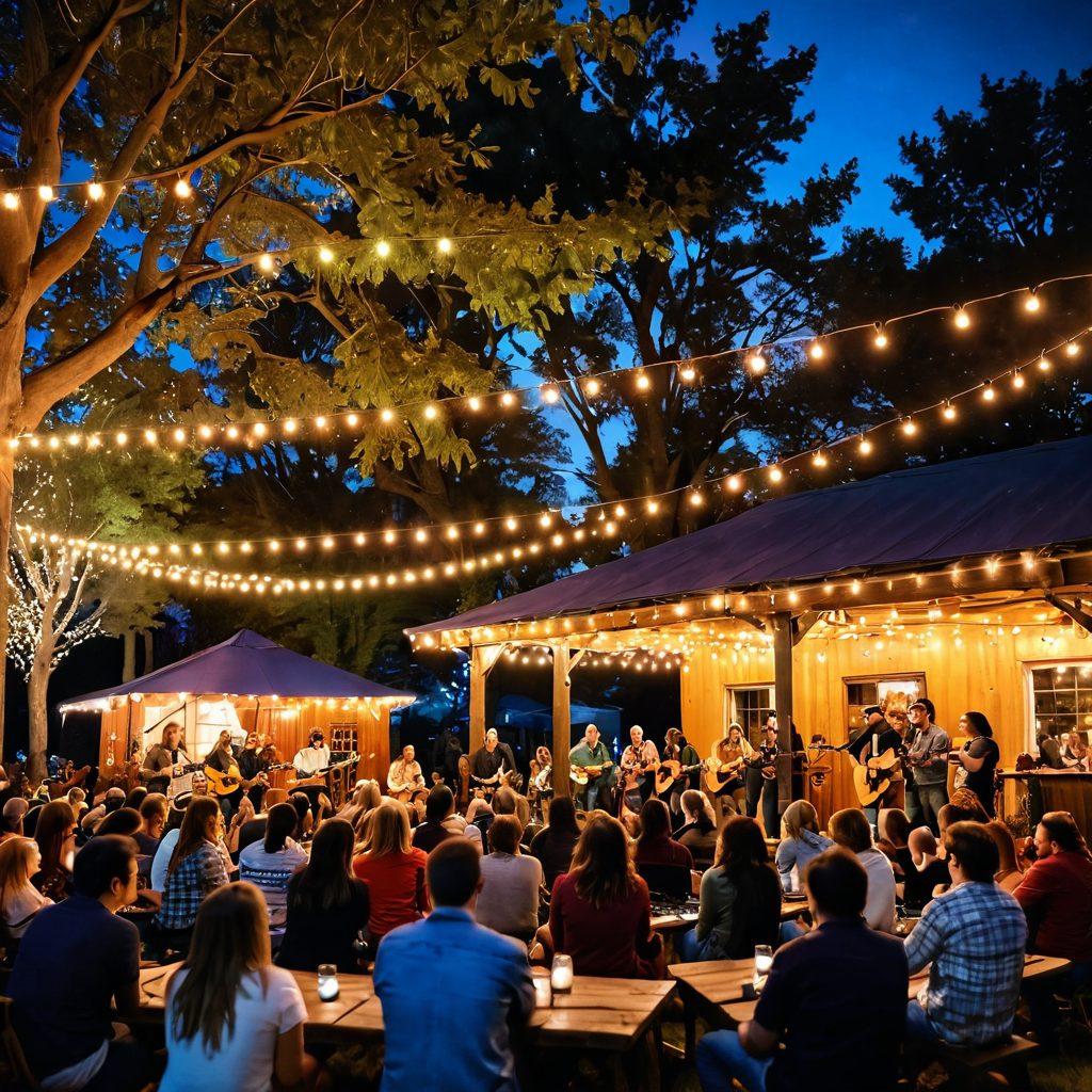 A lively gathering of people enjoying an acoustic music performance in a cozy, illuminated outdoor space adorned with string lights. The atmosphere is filled with warmth and joy, showcasing musicians playing guitars and singing, while the audience claps and sways along. Include elements like colorful cushions, a small stage, and trees surrounding the scene, highlighting community and happiness. vibrant colors. super-realistic.