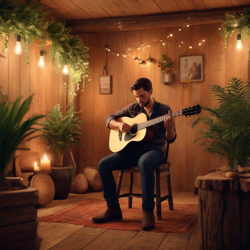 A cozy, candle-lit acoustic venue filled with an engaged audience, a solo musician passionately playing an acoustic guitar on stage, warm light casting soft shadows, notes floating in the air, and expressions of joy on the listeners' faces. The setting includes rustic wooden decor and vibrant plants enhancing the warmth of the atmosphere. 3D. warm colors. intimate style.